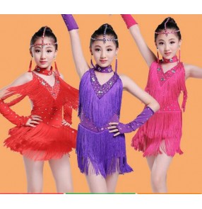 Purple violet hot pink fuchsia red rhinestones fringes tassels girls kids children performance school play salsa latin samba dance dresses outfits dancewear costumes